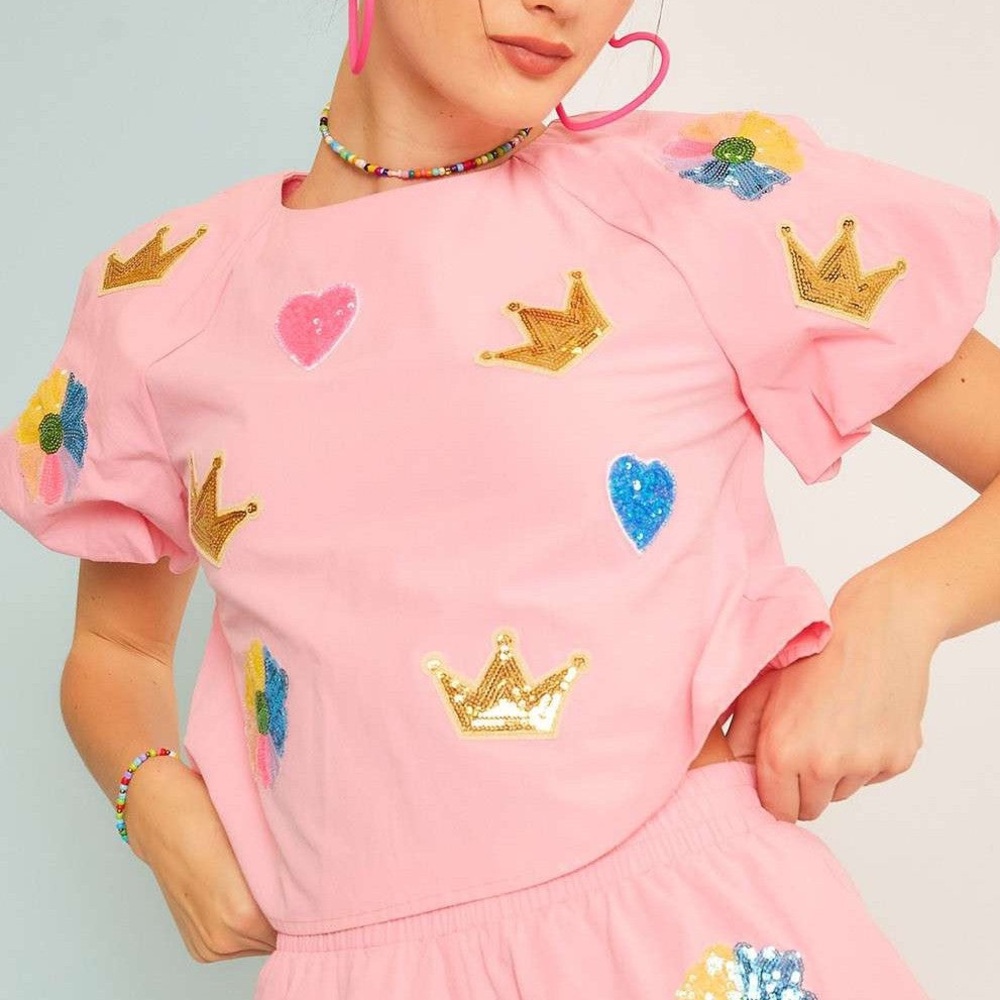 Main Strip Pink Blouse with Gold and Blue Accents